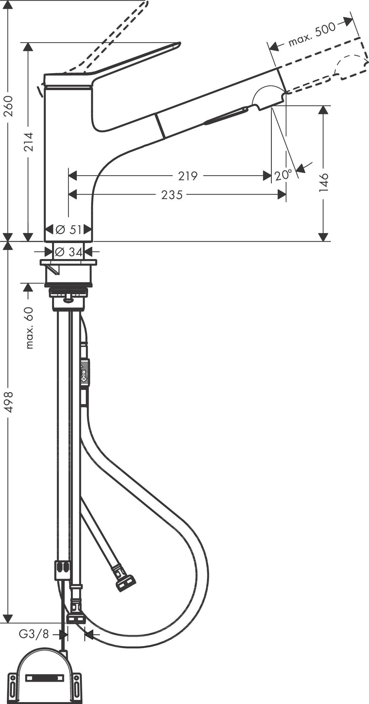 Смеситель однорычажный для кухни с вытяжным душем HANSGROHE ZESIS M33 2 JET 74803670 150 мм, с sBox lite, чёрный матовый