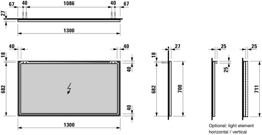Зеркало  Laufen  Frame25     4.4740.8.900.144.1  130 см, алюминиевая рама