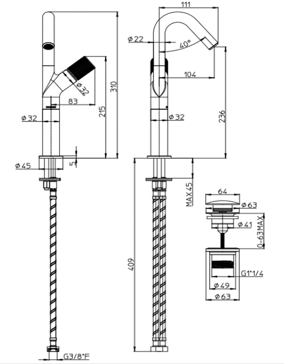 Однорычажный смеситель для раковины BOSSINI PLY Z00903.030 310 мм, с донным клапаном, цвет Хром