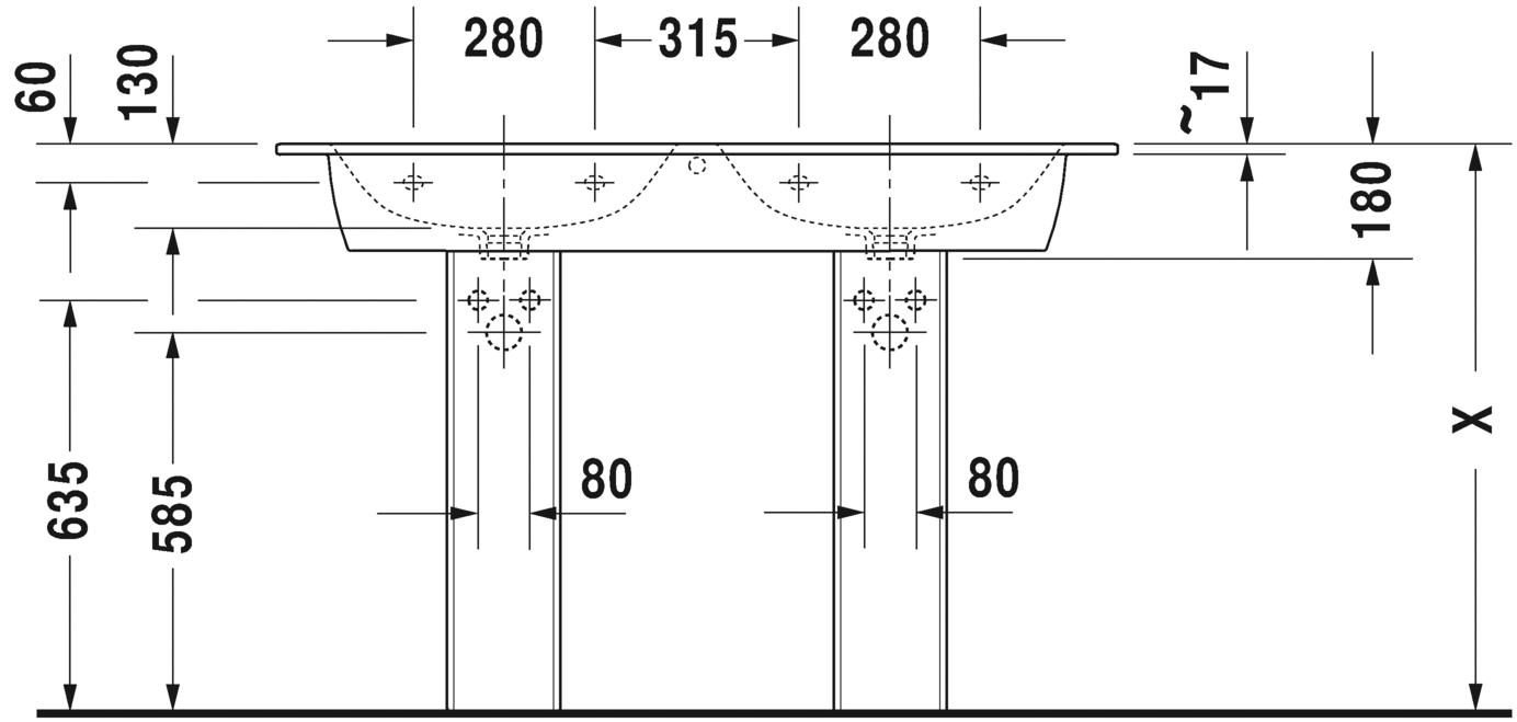 Раковина двойная Duravit Me by Starck 2336130030 с тремя отверстиями под смеситель, с переливом, белая