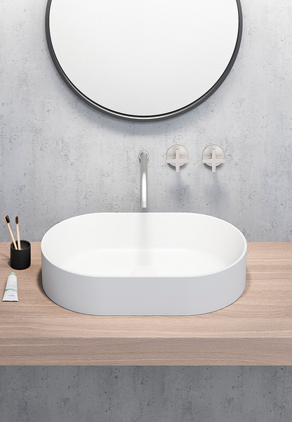 Раковина накладная овальная GSI KUBE X 9458PVC11 600 мм х 370 мм, без отверстия под смеситель, без перелива, с донным клапаном, цвет Белый глянцевый