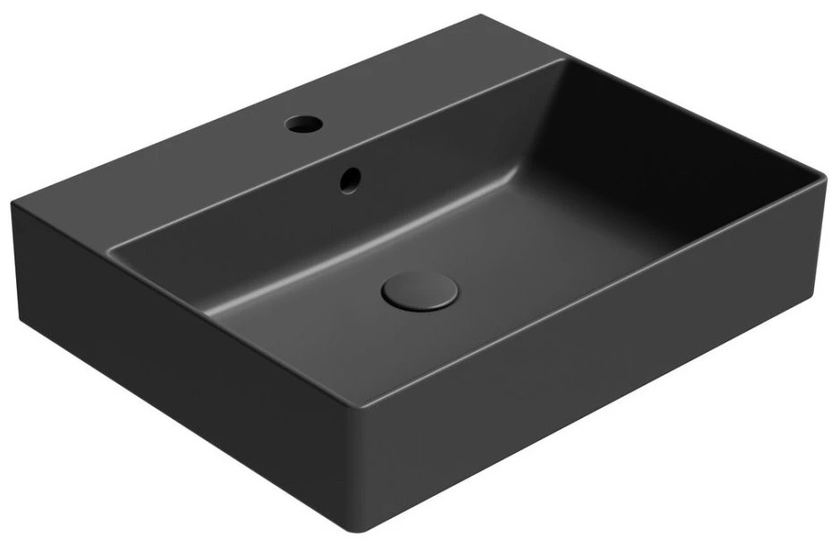 Раковина накладная/подвесная GSI KUBE X 9431126 600 мм х 470 мм, с 1 отверстием под смеситель, с переливом, без крепежа,  цвет Чёрный матовый Ardesia