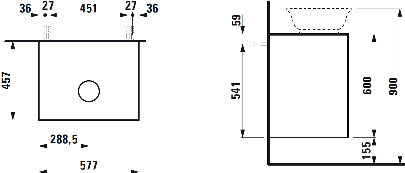 Тумба подвесная под раковину  Laufen  The  New Classic   4.0600.2.085.627.1, 58 см, 2 ящика,  вырез для раковины-чаши  8.1285.2/3,  серый матовый лак