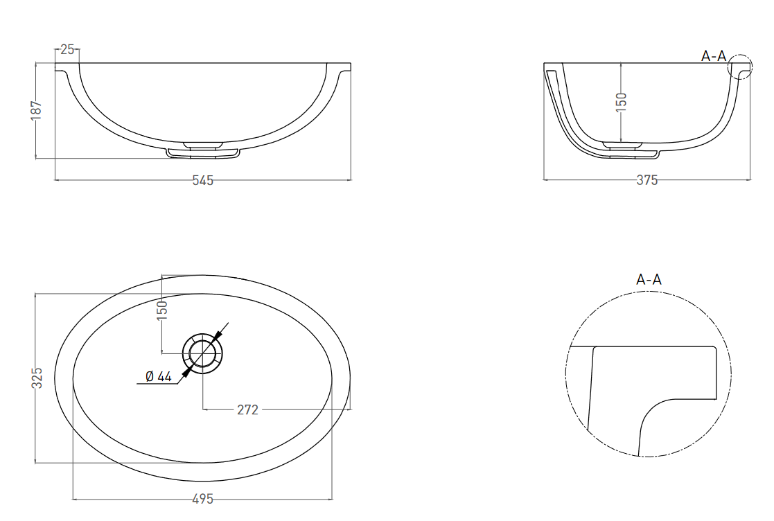Раковина встраиваемая под столешницу овальная SALINI MAREA 12 1101109G 545х375х187мм, S-Sense, без донного клапана, цвет Белый глянцевый