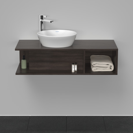Тумба подвесная под раковину слева DURAVIT D-Neo DE491905353 1000 мм х 480 мм, с открытой боковой полкой справа и консолью, каштан тёмный