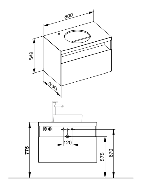 Тумба под раковину с освещением KEUCO STAGELINE 32864 970100 490 мм х 800 мм х 549 мм, с 1 выдвижным ящиком, с отверстием под смеситель слева, с сифоном, вулканит/вулканит