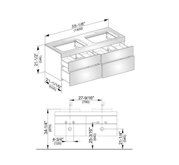 Тумба подвесная под две раковины KEUCO EDITION 11 31575 380100 с отверстием под смесители, с четырьмя выдвижными ящиками, корпус/фасад структурный лак, белая