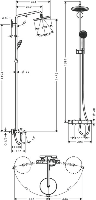 Душевой комплект Hansgrohe Croma 220 Showerpipe 27223000 с термостатом хром