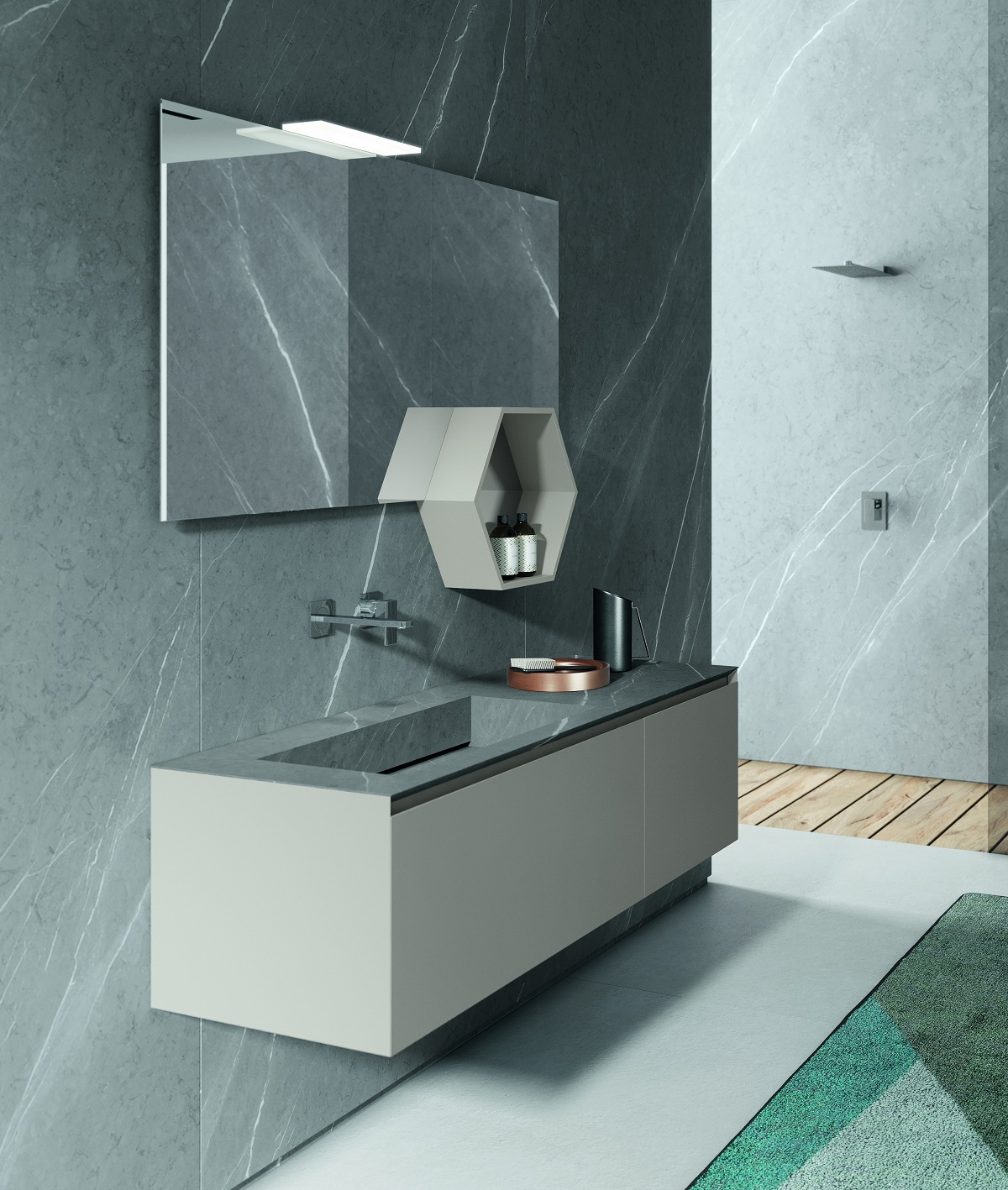 Комплект мебели BMT IKON  IK-10  1440х1950х502 мм c тумбой, раковиной, полками и зеркалом, цвет Grigio Efeso Opaco