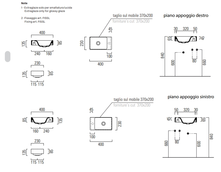 Раковина накладная/подвесная GSI NUBES 9636009 400 мм х 230 мм, без отверстия под смеситель, без перелива, с площадкой справа/слева, белая матовая