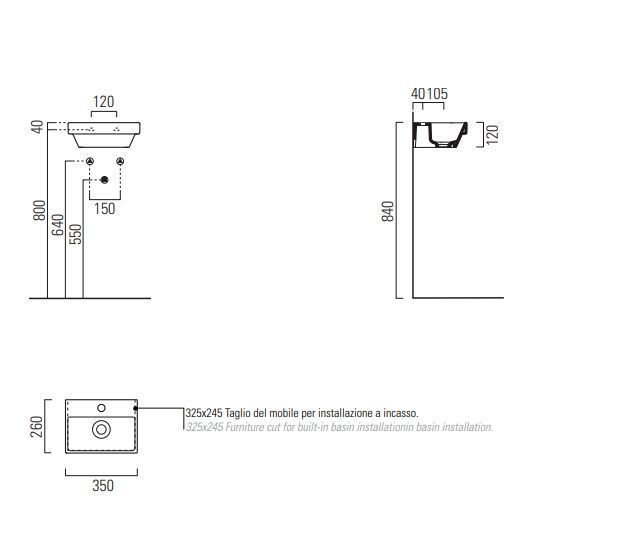 Раковина подвесная/встраиваемая GSI NORM 8650111 350 мм х 260 мм, с 1 отверстием под смеситель, без перелива, белая глянцевая
