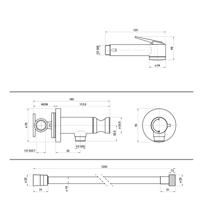 Гигиенический комплект BOSSINI PALOMA FLAT E37015B.030 160 мм х 70 мм х 125 мм, со смесителем, лейкой и шлангом, Хром