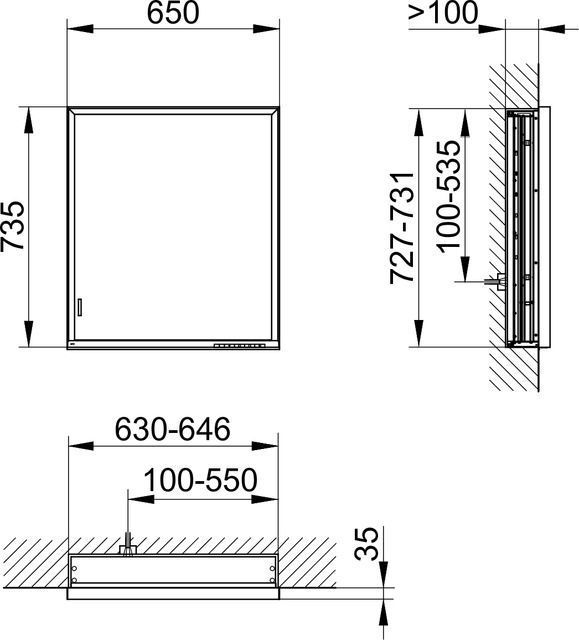 Правый зеркальный шкаф с подсветкой для встраиваемого монтажа KEUCO Royal Lumos 14331 172101 130х650х735 мм, 1 дверца, петли справа, цвет Алюминий серебристый анодированный