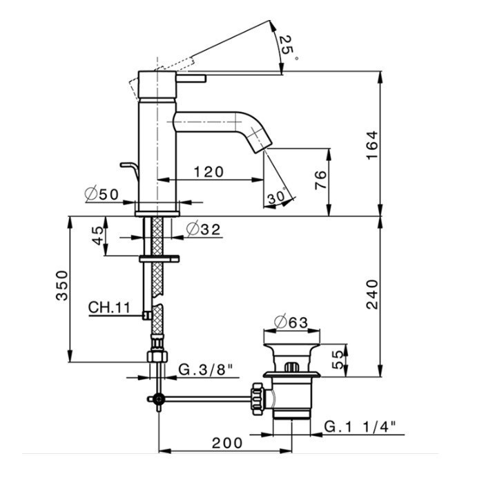 Однорычажный смеситель для раковины CISAL Less New LN00051040 с донным клапаном, цвет Чёрный матовый