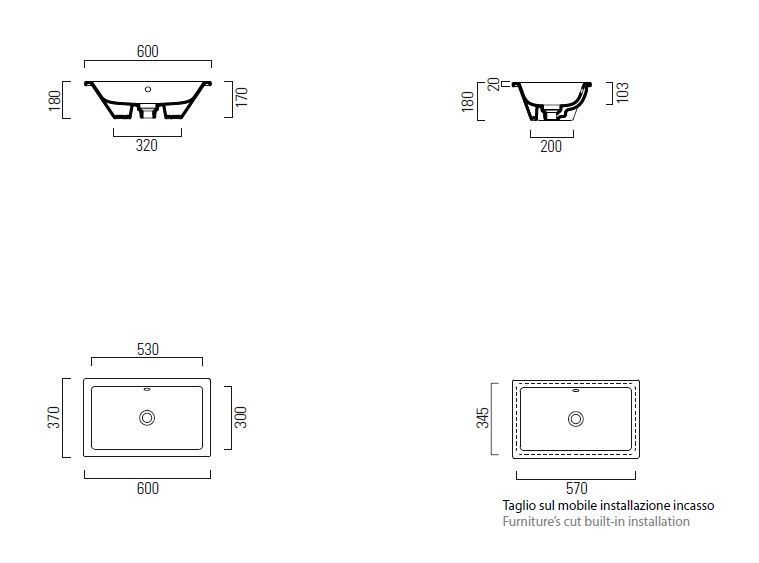 Раковина встраиваемая сверху/снизу GSI KUBE X 895309 600 мм × 370 мм, с переливом, без отверстия под смеситель, для крепежа FISSK, цвет Белый матовый