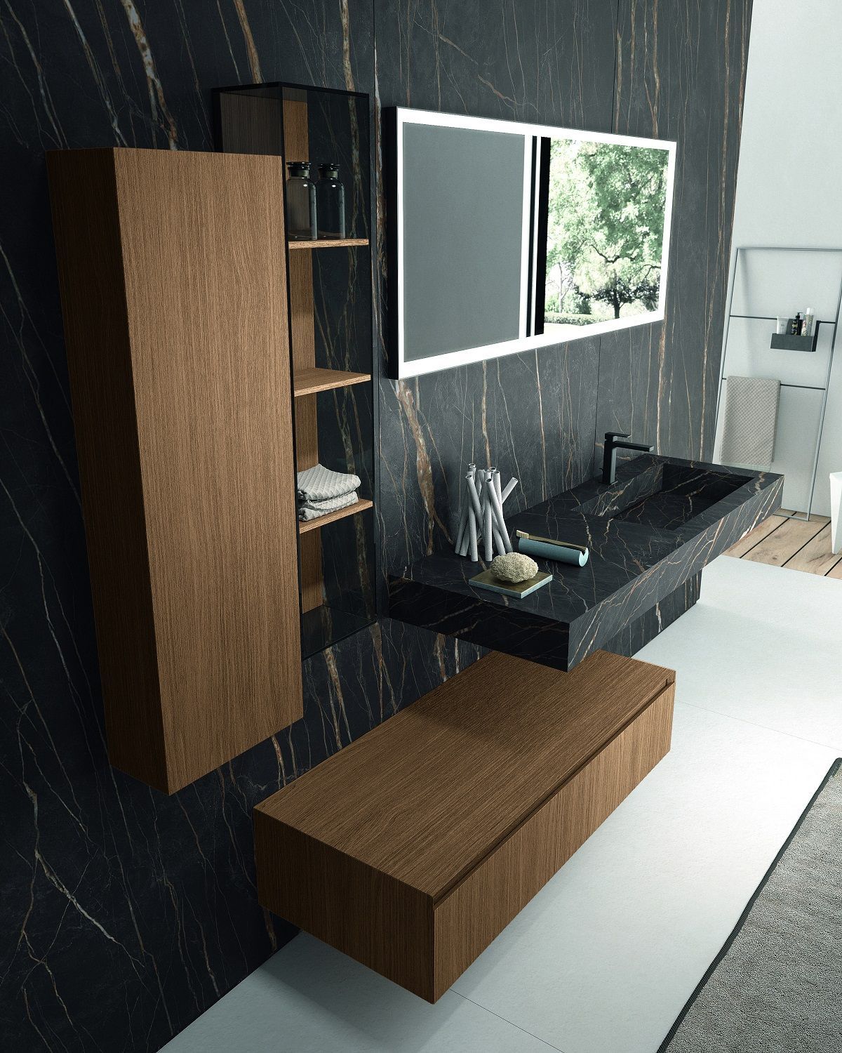 Комплект мебели BMT IKON IK-15   2400х1950х504 мм, с тумбой, раковиной, толешницей, полкой, шкафом и зеркалом, цвет Italian Walnut/Gres Noir Desir