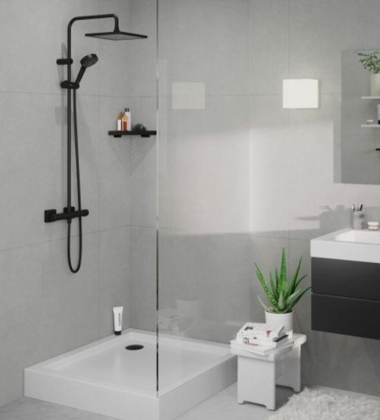 Душевая система HANSGROHE Vernis Shape 26427670 240 1jet, с термостатом, с квадратным верхним душем, цвет Чёрный матовый