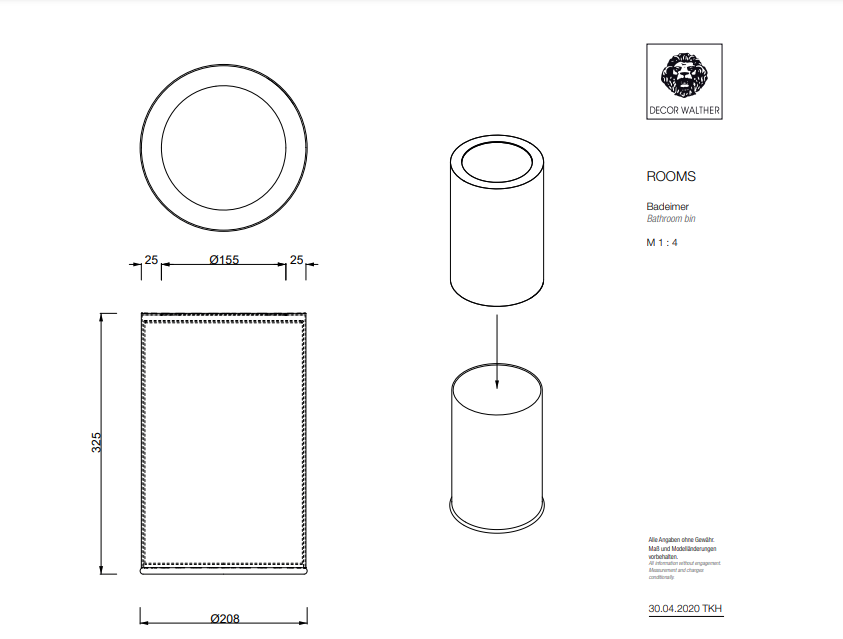 Ведро для мусора/бумаги, без крышки DECOR WALTHER  Rooms  0615060      32,5 X Ø 20,5 см,  8,5 л, с внутренним контейнером, нерж. сталь, цвет черный матовый