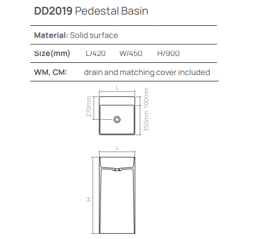 Раковина напольная DEA DESIGN  Pedestal Basin  DD2019 420 18    42x45xh90 см, из композита Solid surface, д/клапан с крышкой из композита, цвет белый матовый 18