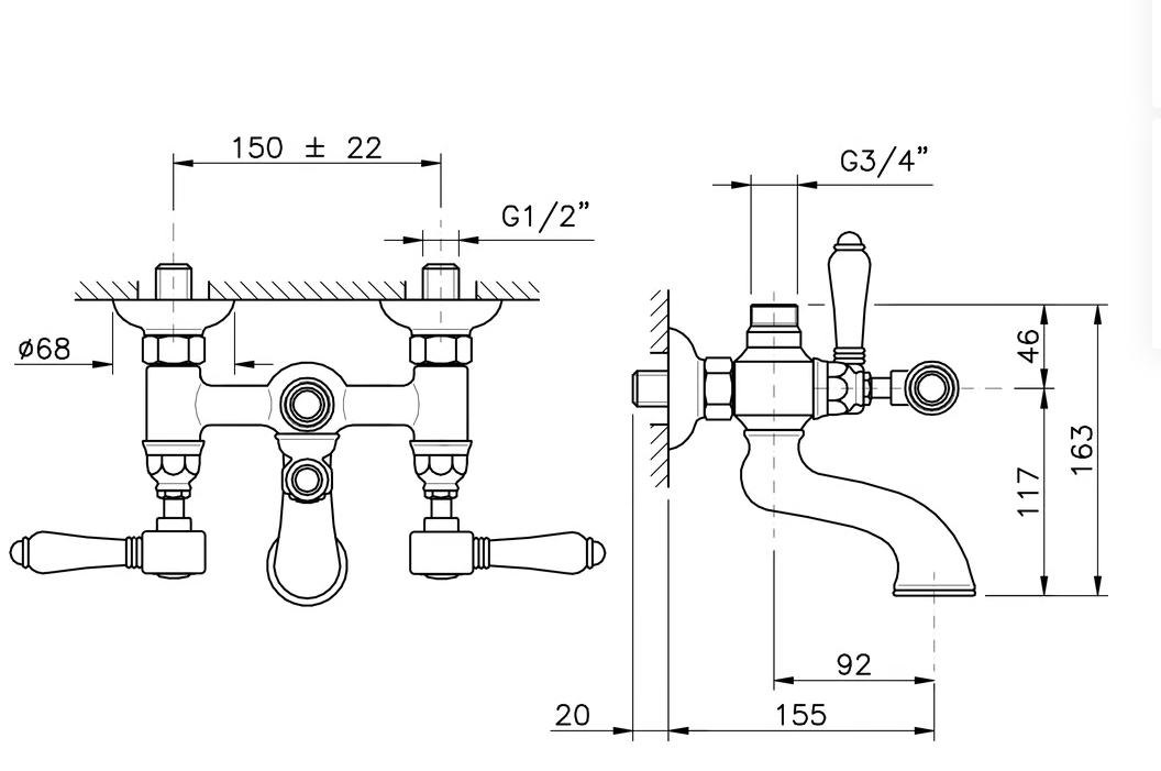 Смеситель для ванны NICOLAZZI TRADIZIONALE 1400BZ78 с вентилями и ручкой PETIT MONT BLANC, бронза/белый