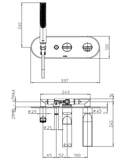 Наружная часть смесителя для ванны BOSSINI Apice Z00555.073 c изливом, душем-палочкой и шлангом, чёрный матовый