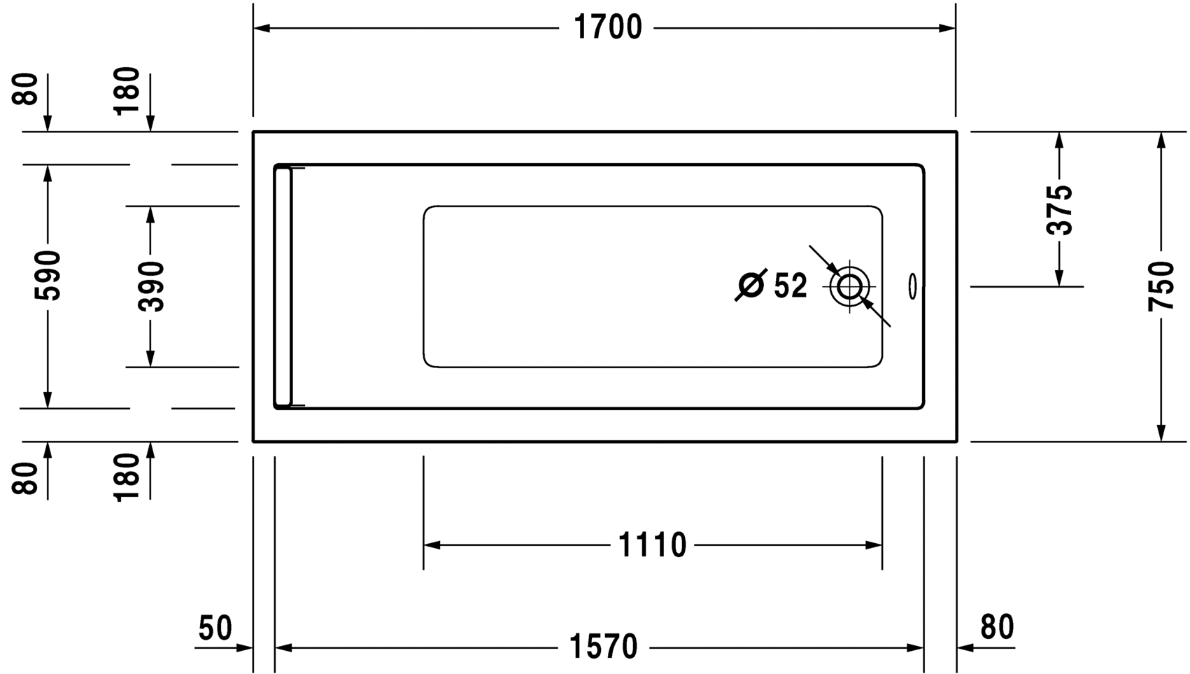 Акриловая ванна Duravit Starck 700335000000000 1700 х 750 c одним наклоном для спины, встраиваемая версия или версия с панелями, белая