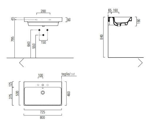 Раковина накладная/подвесная GSI NUBES 9622011 800 мм х 500 мм, без отверстия под смеситель, с переливом, белая глянцевая