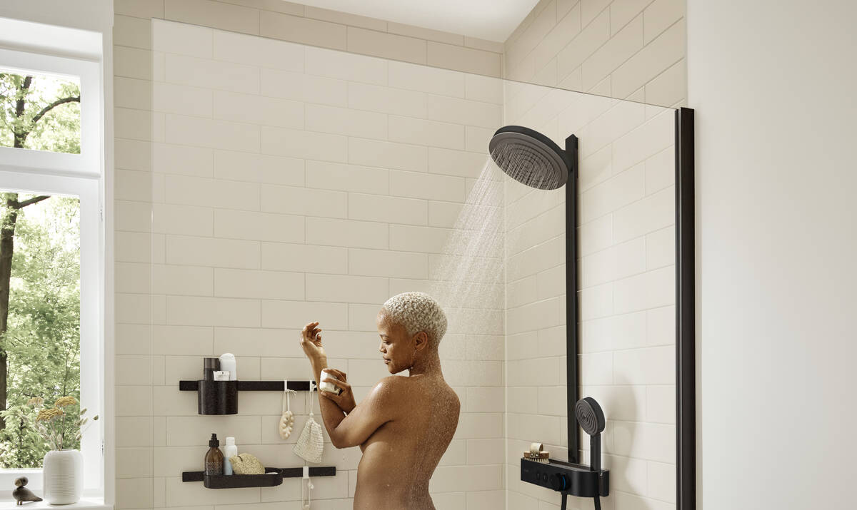Душевая система с термостатом для душа Hansgrohe Pulsify S 24240670 Showerpipe 260 2 jet, матовый чёрный