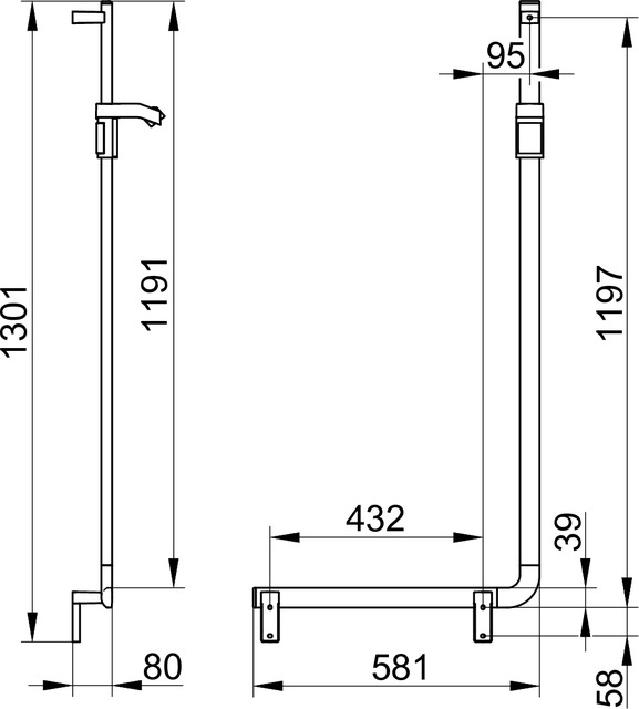 Угловой поручень 90° левый KEUCO AXESS 35006 011302 581/1301 мм, с держателем для лейки, цвет Хром