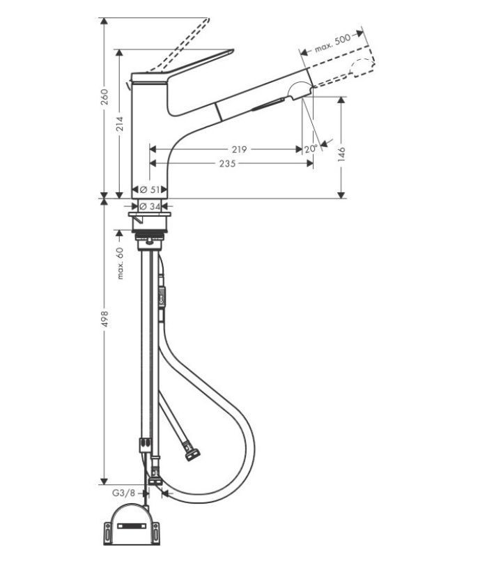 Смеситель однорычажный для кухни с вытяжным душем HANSGROHE ZESIS M33 2 JET 74803000 150 мм, с sBox lite, хром