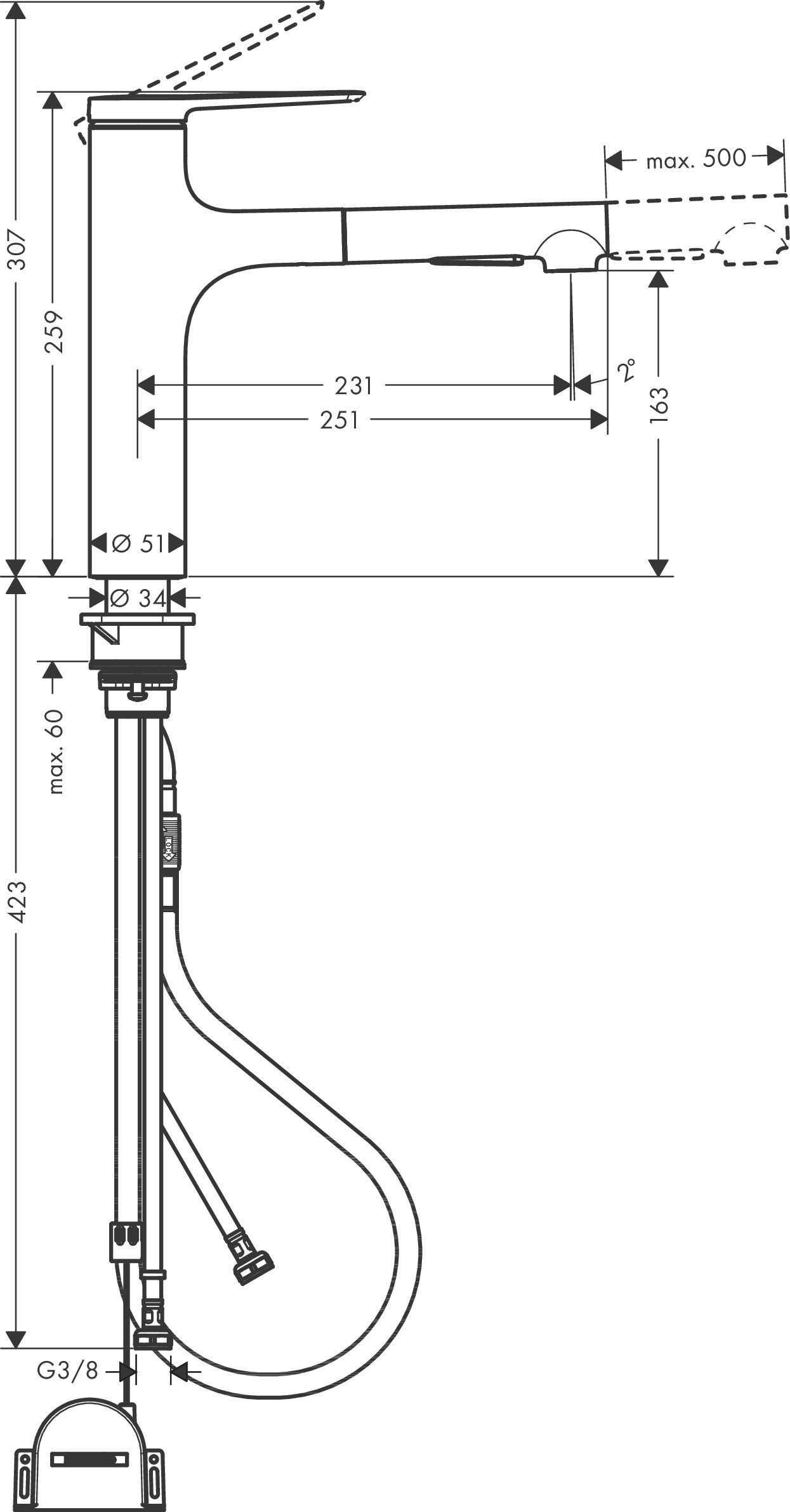 Смеситель однорычажный для кухни с вытяжным душем HANSGROHE ZESIS M33 2 JET 74804800 160 мм, с sBox lite, под сталь