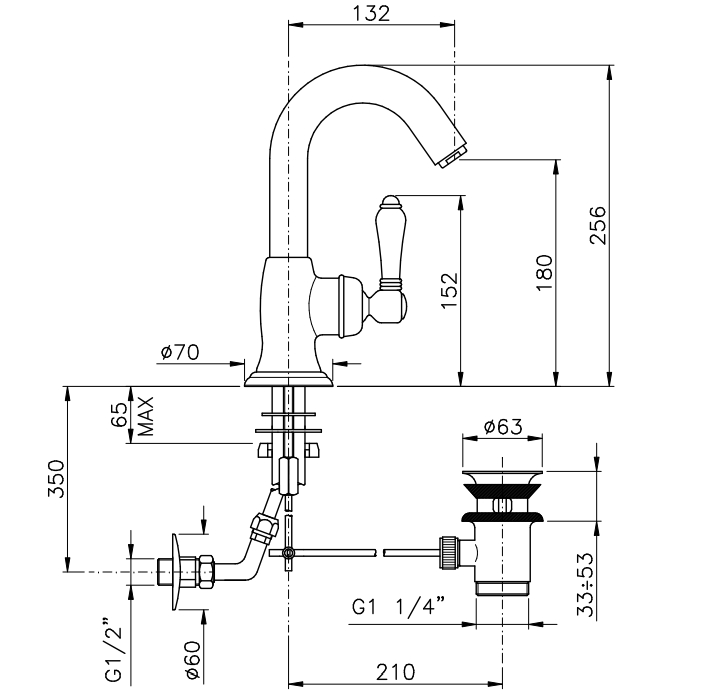 Смеситель однорычажный для раковины NICOLAZZI CINQUANTA 3454BZ76C с донным клапаном, c переливом, бронза/белый