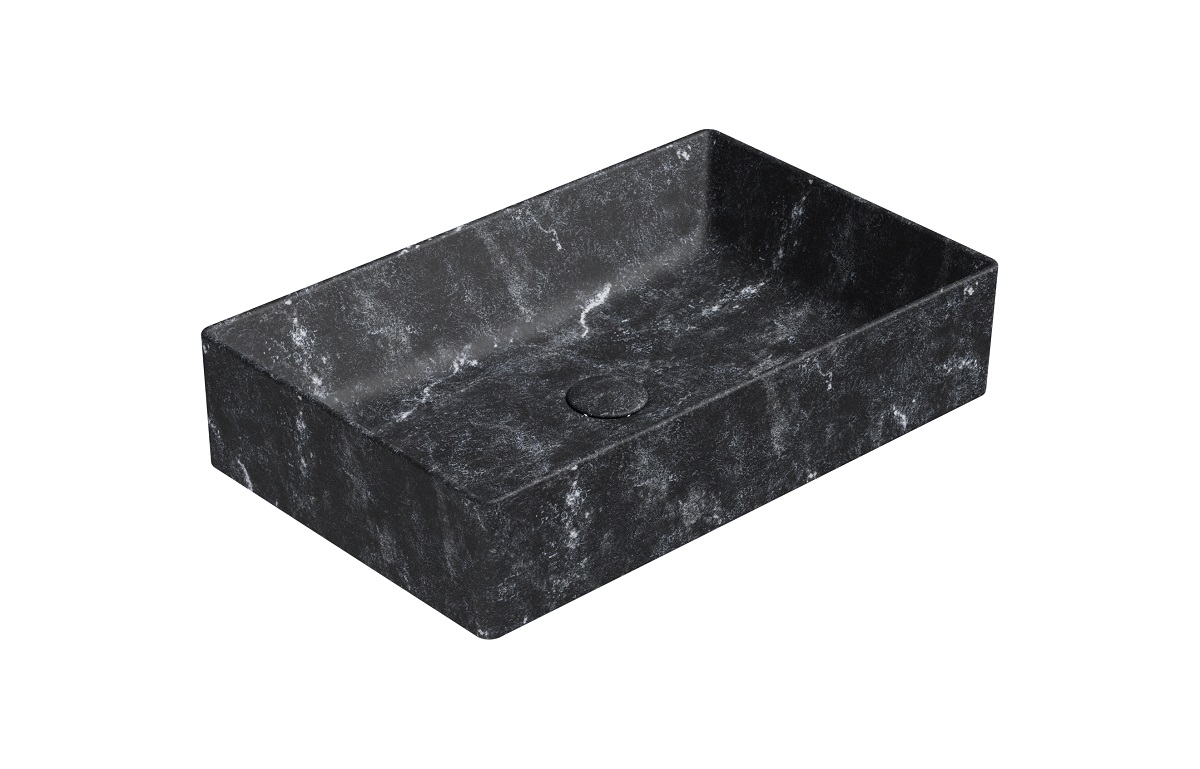 Раковина накладная прямоугольная GSI AltaCeramica AC30836 600×370 мм, без отверстия под смеситель, цвет под черный мрамор Marbled black