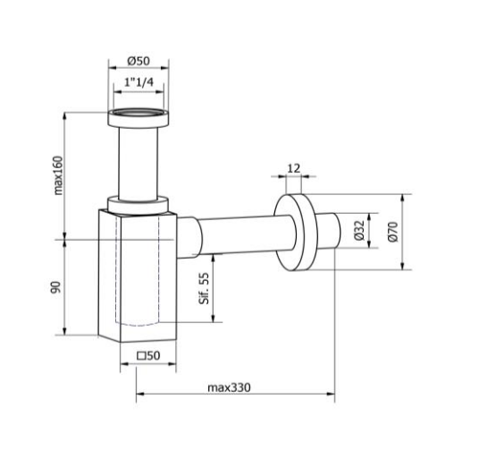 Сифон для раковины из латуни BOSSINI Quadro Line V50003.030 цвет Хром
