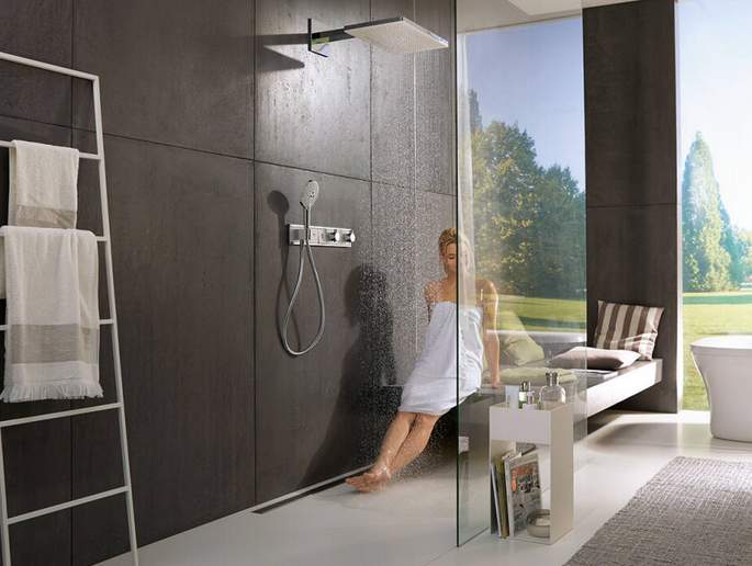 Термостат для душа HANSGROHE RainSelect 15355600 с двумя кнопками и выпуском для шланга, Чёрный/Хром