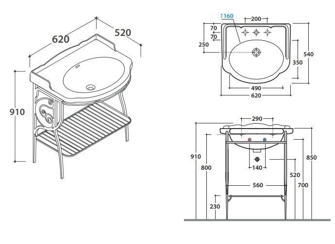 Напольная металлическая консоль для раковины GLOBO PAESTUM PA127 540 мм х 610 мм х 810 мм, состаренный металл