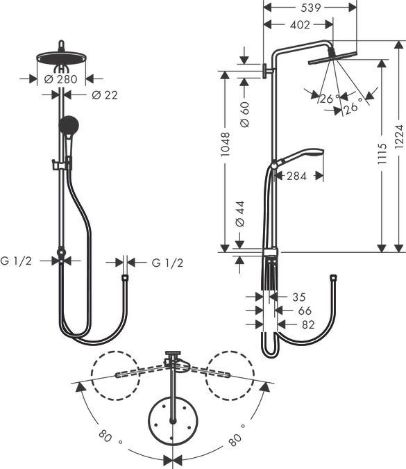 Душевая система Hansgrohe Croma Select 280 Air 1jet Showerpipe Reno EcoSmart 26793000 хром