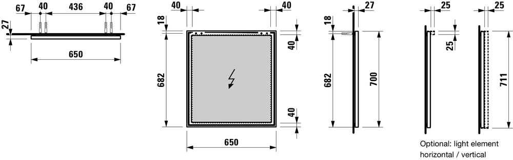 Подсветка для зеркала горизонтальная  Laufen  Frame 25   4.4748.2.900.007.1, 65 см,  корпус  алюминий, сенсорный переключатель