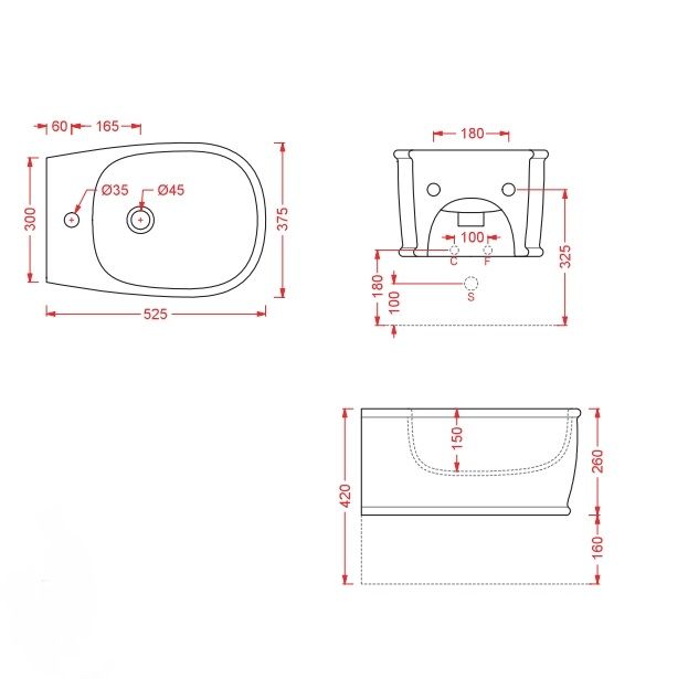 Биде повдесное ARTCERAM ATELIER ATB001 17 00 520 мм х 370 мм, с отверстием под смеситель, с переливом, с креплением, чёрный матовый