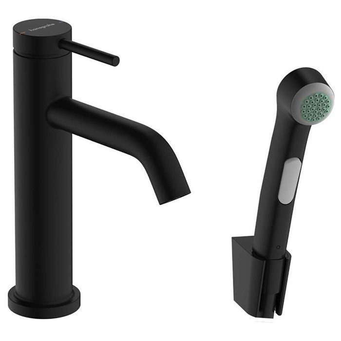 Однорычажный смеситель для раковины HANSGROHE Tecturis S 73211670 с гигиеническим душем и шлангом, цвет Чёрный матовый