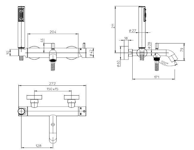 Однорычажный смеситель для ванны BOSSINI TEO Z00723.094 со шлангом 1250 мм и лейкой Zen, цвет Шлифованный никель