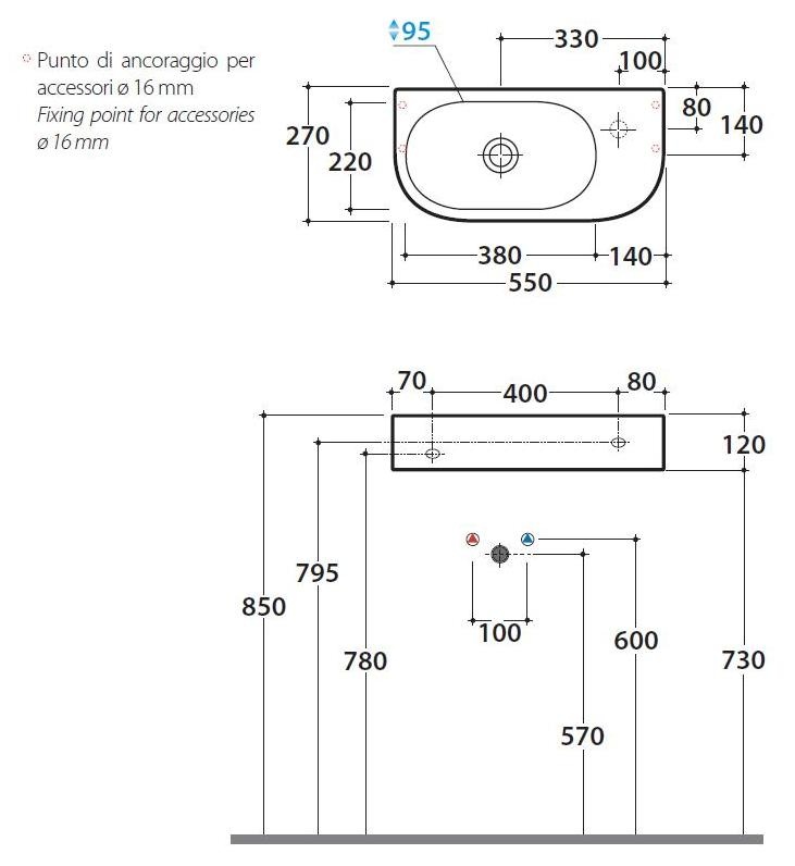 Раковина подвесная GLOBO FORTY3 SCT55BI 550х120х270 мм, без отверстия под смеситель, без перелива, белый глянцевый