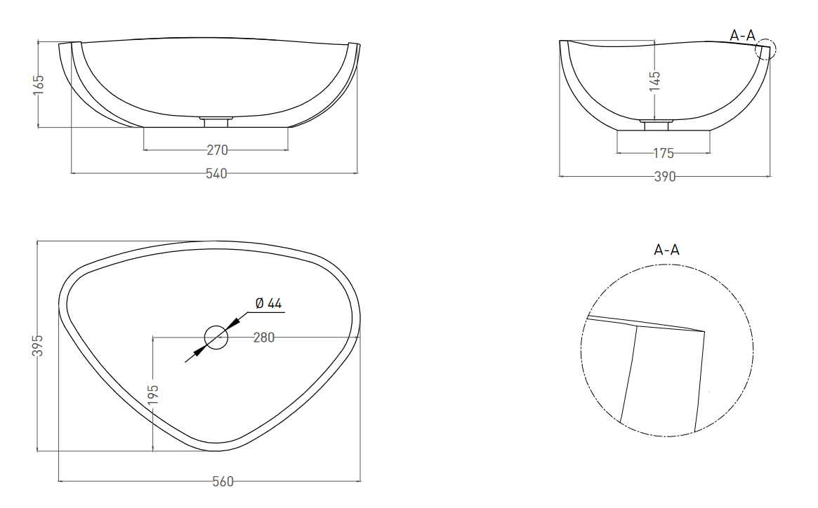 Раковина накладная треугольная SALINI GLORIA 06 1102206M 560х390х165, S-Stone, без донного клапана, цвет Белый матовый