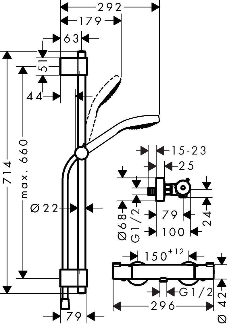 Душевая система с термостатом HANSGROHE Croma Select S 27833400 с ручным душем и шлангом, цвет Хром/Белый