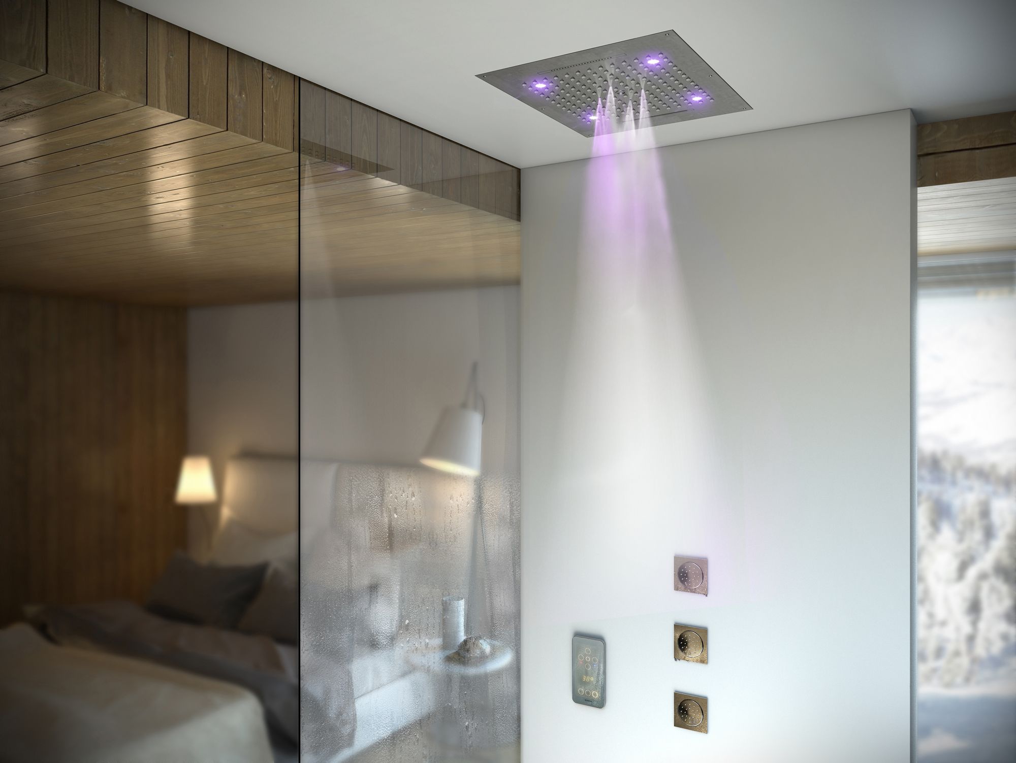 Верхний душ с подсветкой для подвесного потолка BOSSINI DREAM/4 RGB LIGHTS H38908.030 570 мм х 470 мм, с 4 режимами струи, Хром