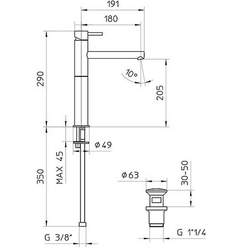 Однорычажный смеситель для раковины высокий BOSSINI OKI Z005303.073 с донным клапаном, чёрный матовый