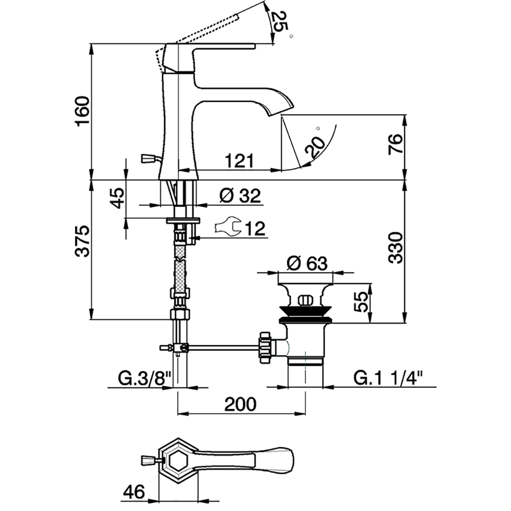 Смеситель для раковины однорычажный CISAL Cherie CH0005147C с донным клапаном, цвет Золото/Чёрный матовый