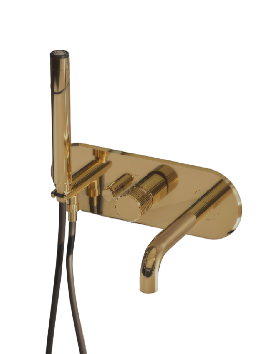 Наружная часть механического смесителя для ванны BOSSINI PLY Z00945.043 на 2 потребителя, с лейкой и шлангом, цвет Брашированное золото