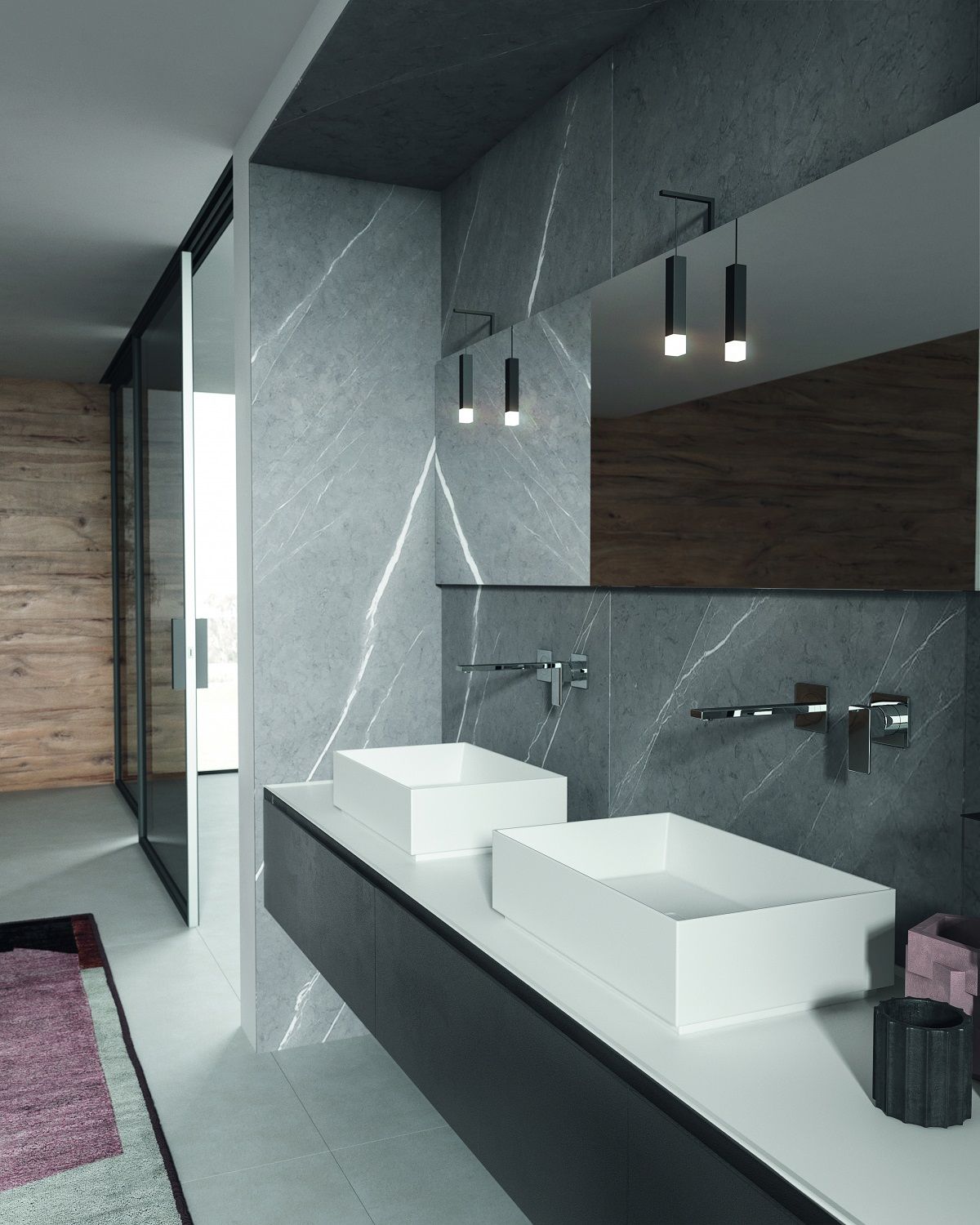 Комплект мебели BMT IKON  IK-11 2740х1850х502 мм,  c 3 тумбами, 2 раковинами, 2 полками и 2 зеркалами, цвет Anthracite Grey Ecomalta/Белый матовый