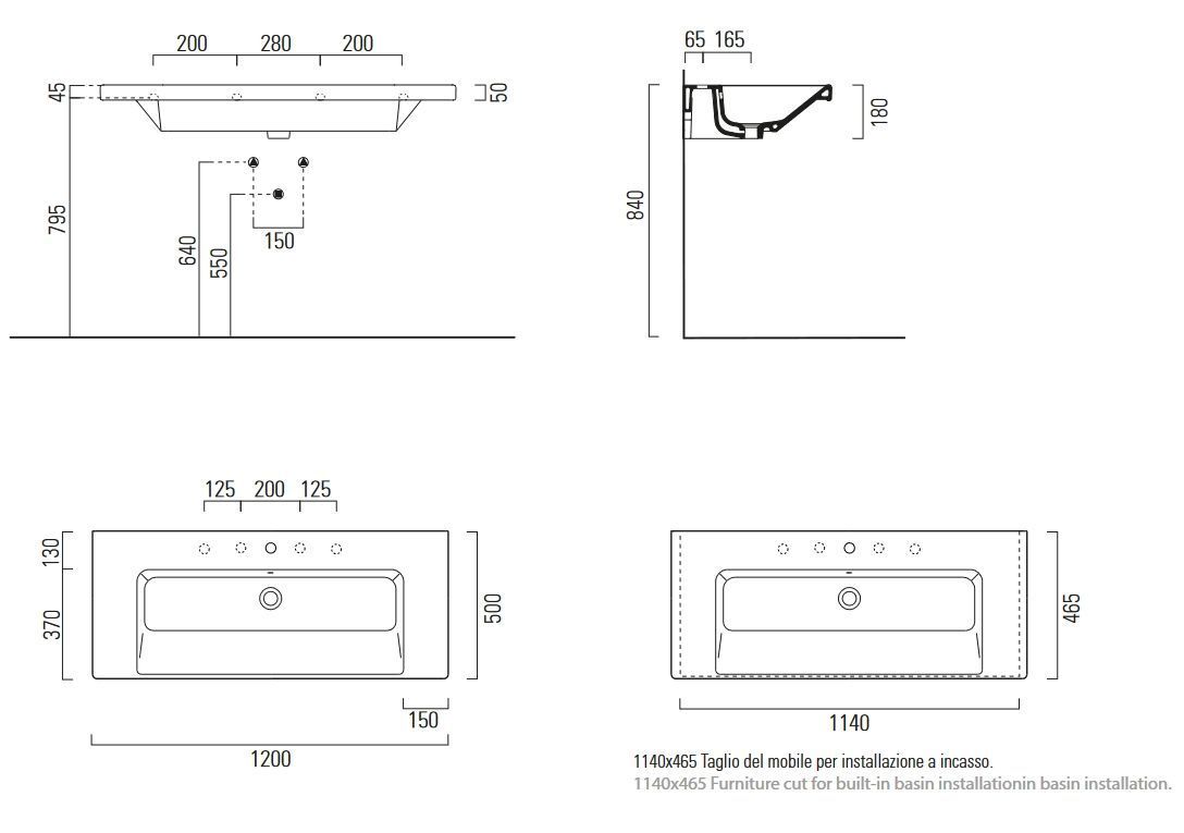 Раковина подвесная/встраиваемая GSI NORM 8626111 1200х500х140мм, с отверстием под смеситель, с переливом, для крепежа FLAVABO, цвет Белый глянцевый